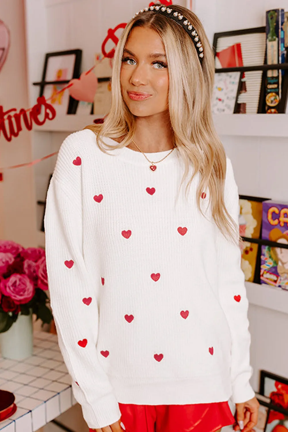 White Heart Shape Drop Shoulder Round Neck Sweater sold by Beagle Boutique product image thumbnail 3