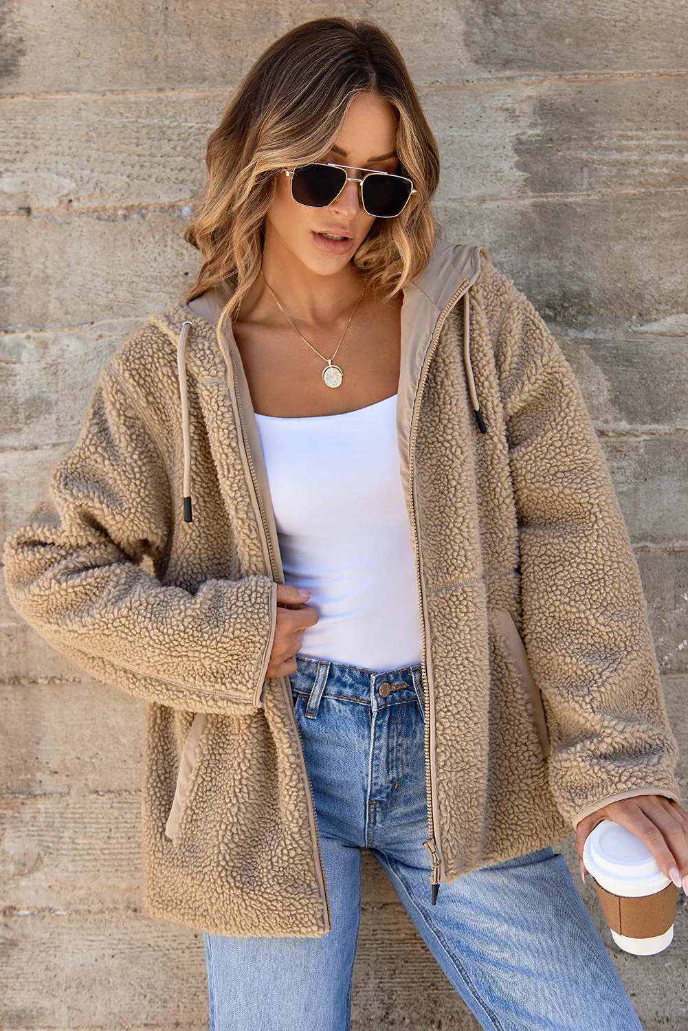 Pale Khaki Fleece Zip Up Drawstring Hooded Pocketed Jacket sold by Beagle Boutique product image thumbnail 3