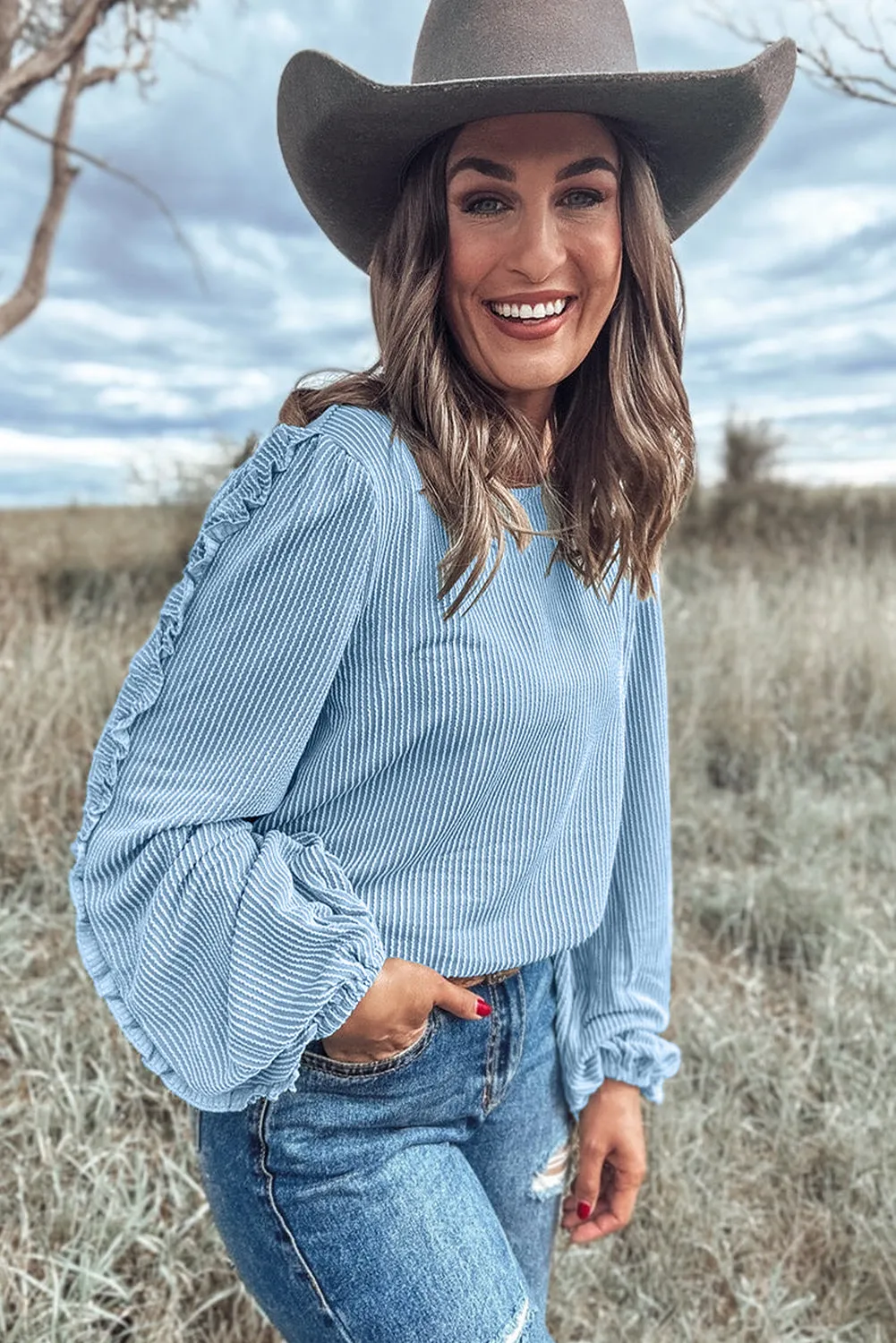 Mist Blue Ribbed Frilly Puff Sleeve Round Neck Blouse sold by Beagle Boutique product image thumbnail 3