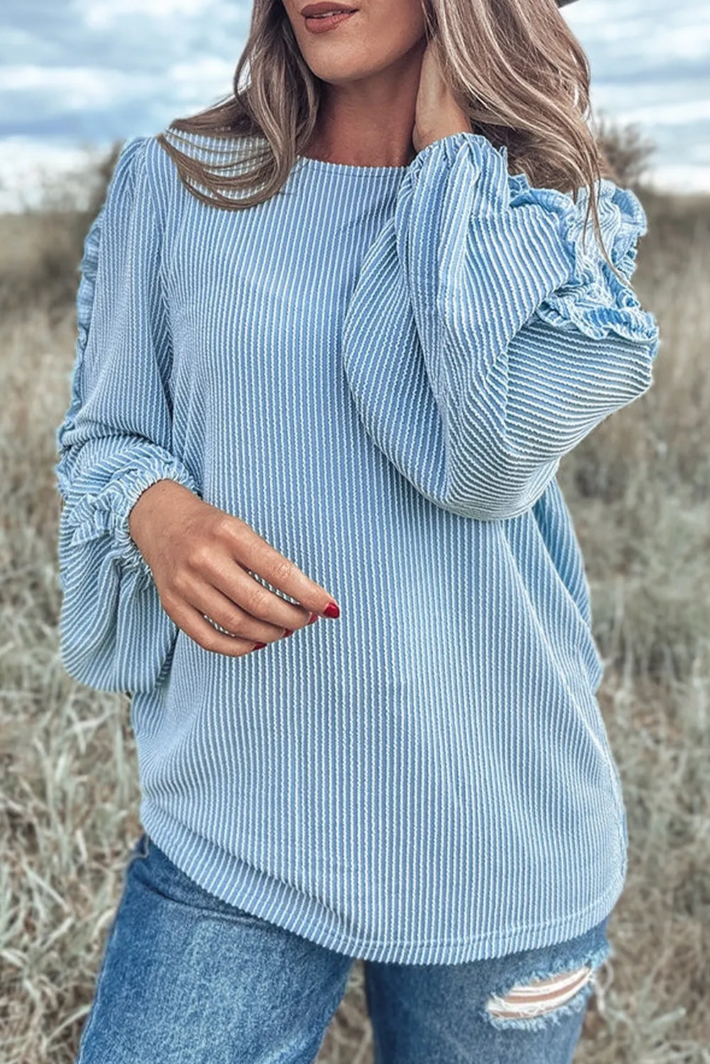 Mist Blue Ribbed Frilly Puff Sleeve Round Neck Blouse sold by Beagle Boutique