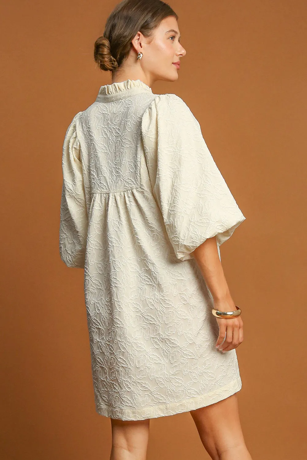 White Floral Textured Bubble Sleeve Frilled Notched Neck Dress sold by Beagle Boutique product image thumbnail 2