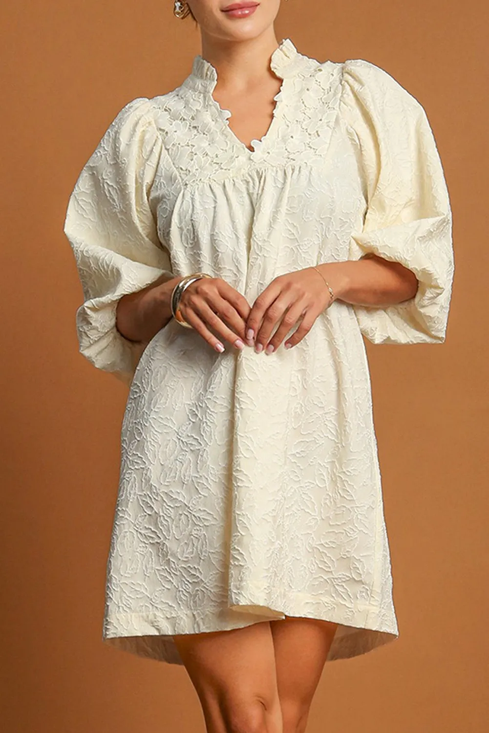 White Floral Textured Bubble Sleeve Frilled Notched Neck Dress sold by Beagle Boutique