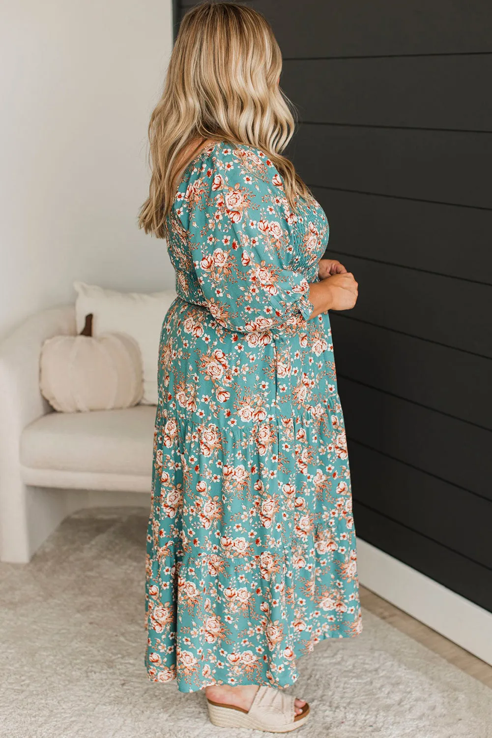 Green Plus Size Floral Print Square Neck Smocked Maxi Dress sold by Beagle Boutique product image thumbnail 3