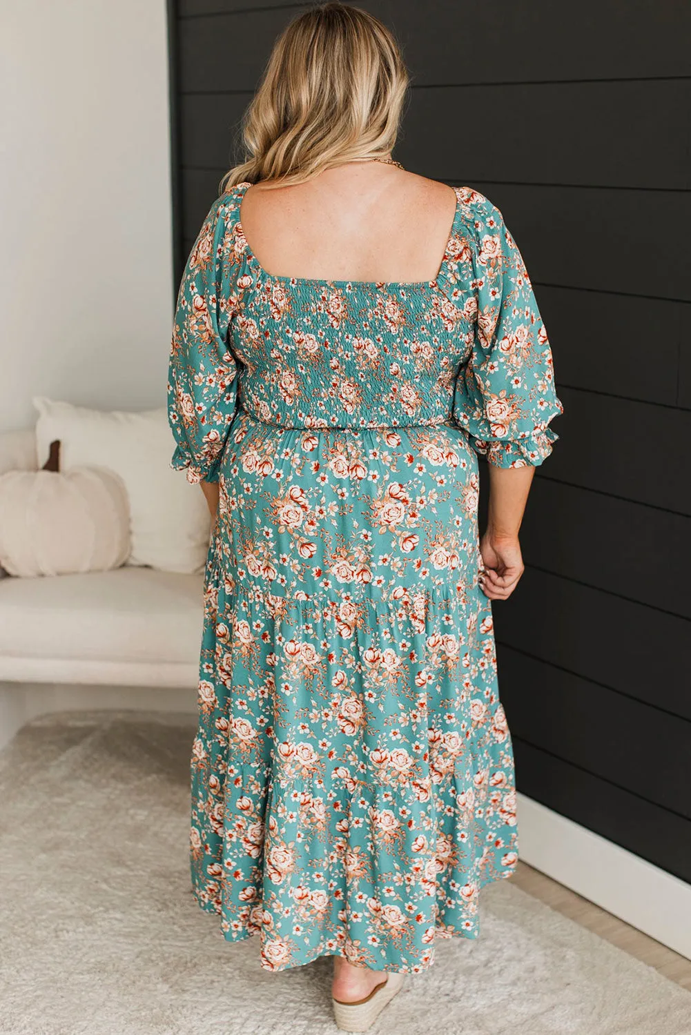 Green Plus Size Floral Print Square Neck Smocked Maxi Dress sold by Beagle Boutique product image thumbnail 2