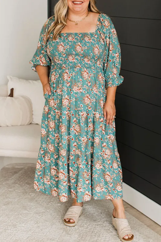 Green Plus Size Floral Print Square Neck Smocked Maxi Dress sold by Beagle Boutique