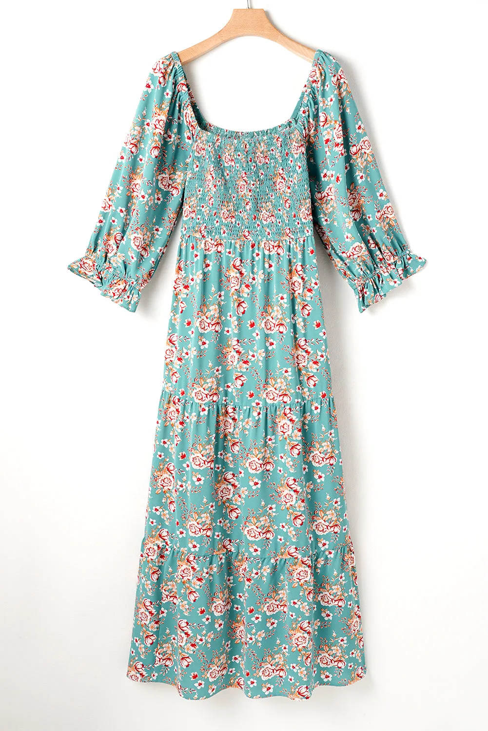 Green Plus Size Floral Print Square Neck Smocked Maxi Dress sold by Beagle Boutique product image thumbnail 4