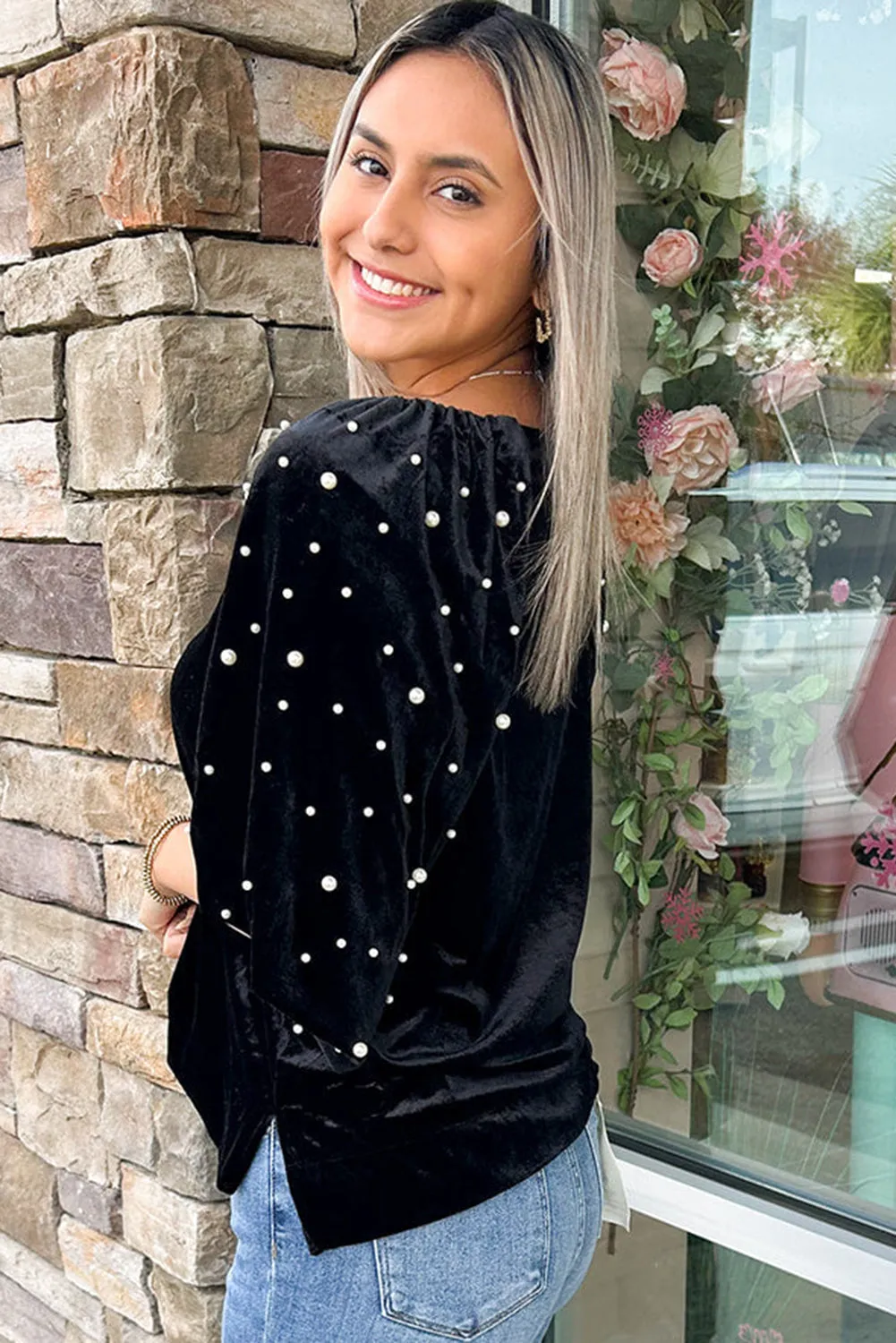 Black Pearl Beaded Half Sleeve Velvet Top sold by Beagle Boutique product image thumbnail 3