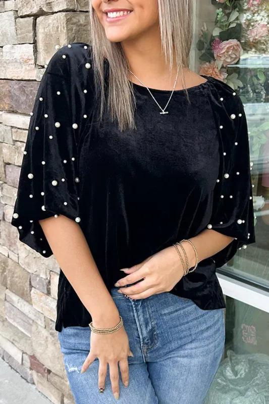 Black Pearl Beaded Half Sleeve Velvet Top sold by Beagle Boutique