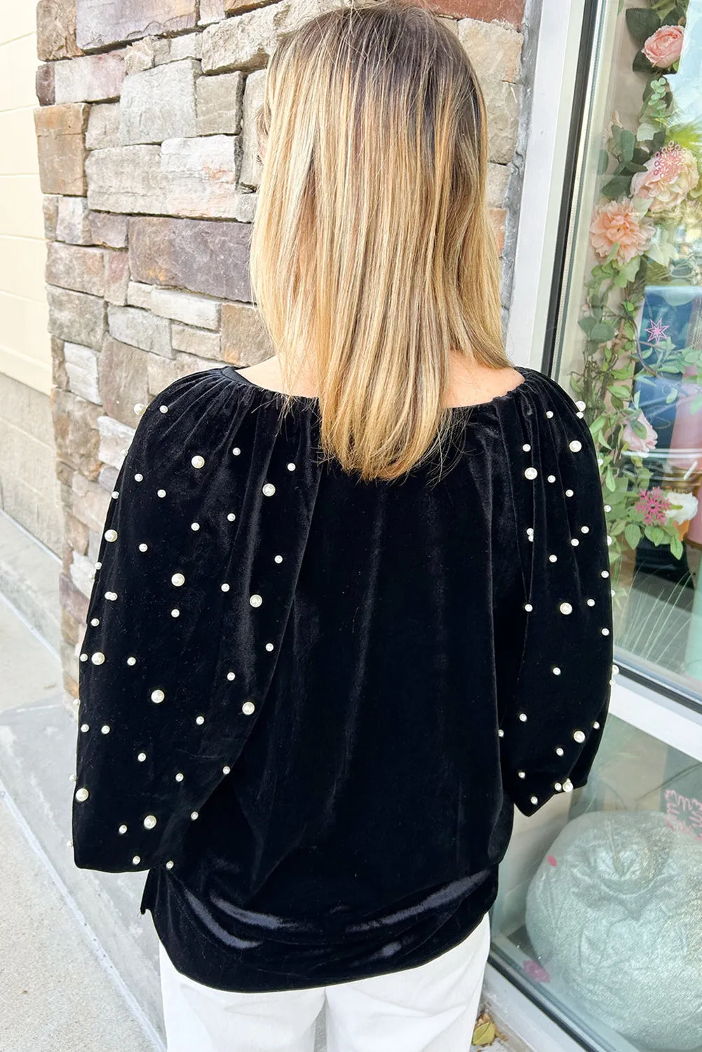 Black Pearl Beaded Half Sleeve Velvet Top sold by Beagle Boutique product image thumbnail 2