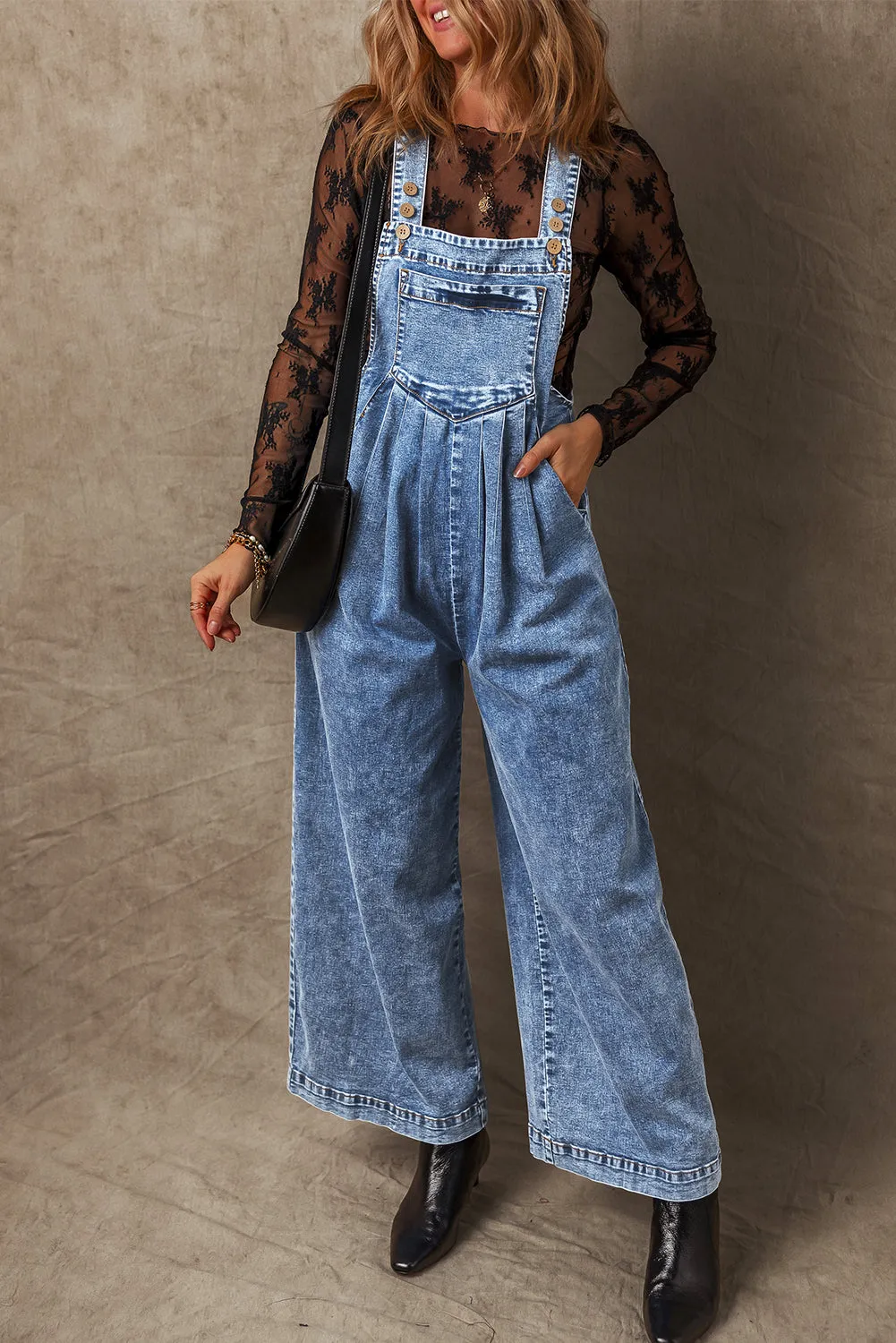 Light Blue Mineral Wash Buttoned Straps Wide Leg Denim Overalls sold by Beagle Boutique product image thumbnail 4