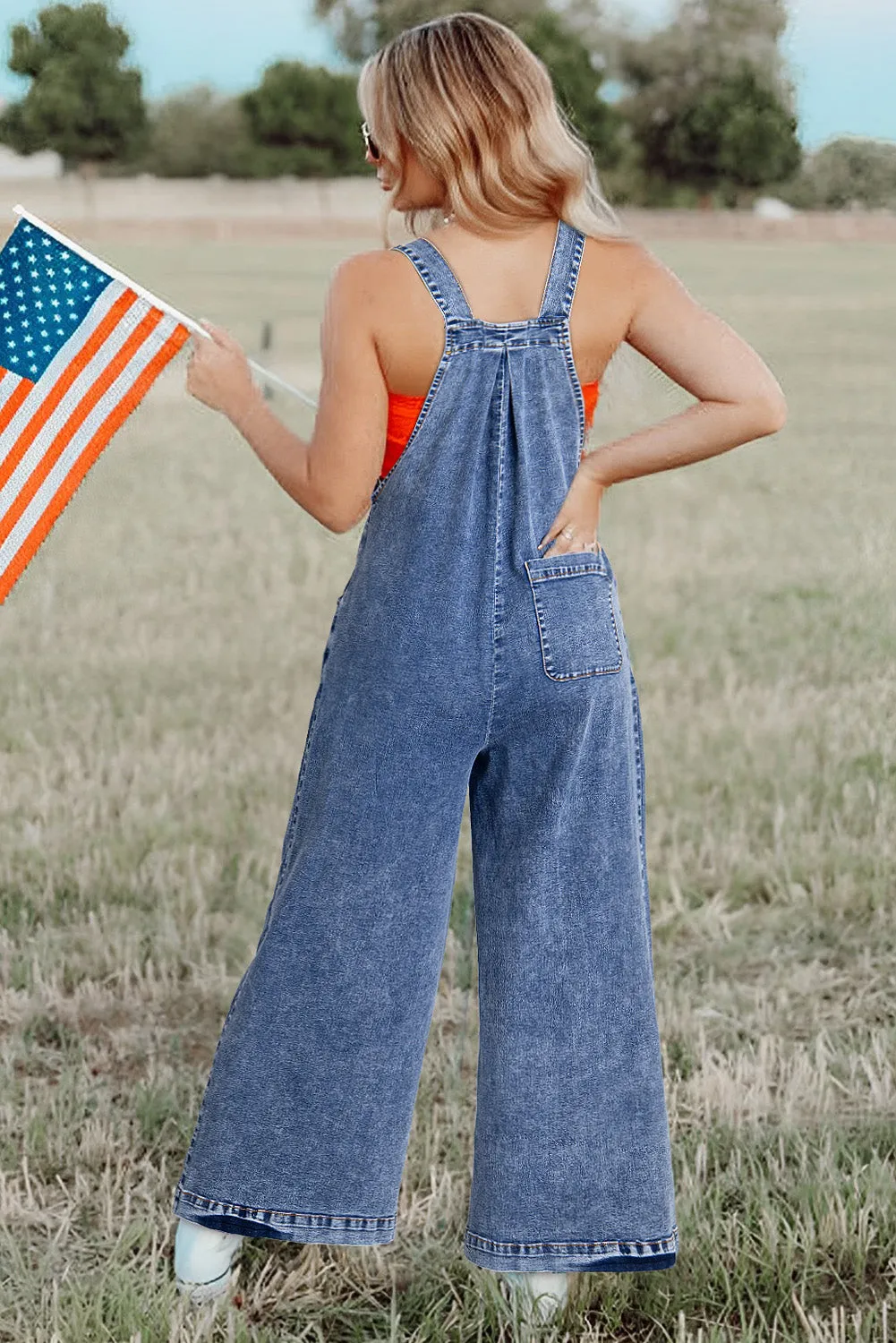 Light Blue Mineral Wash Buttoned Straps Wide Leg Denim Overalls sold by Beagle Boutique product image thumbnail 2