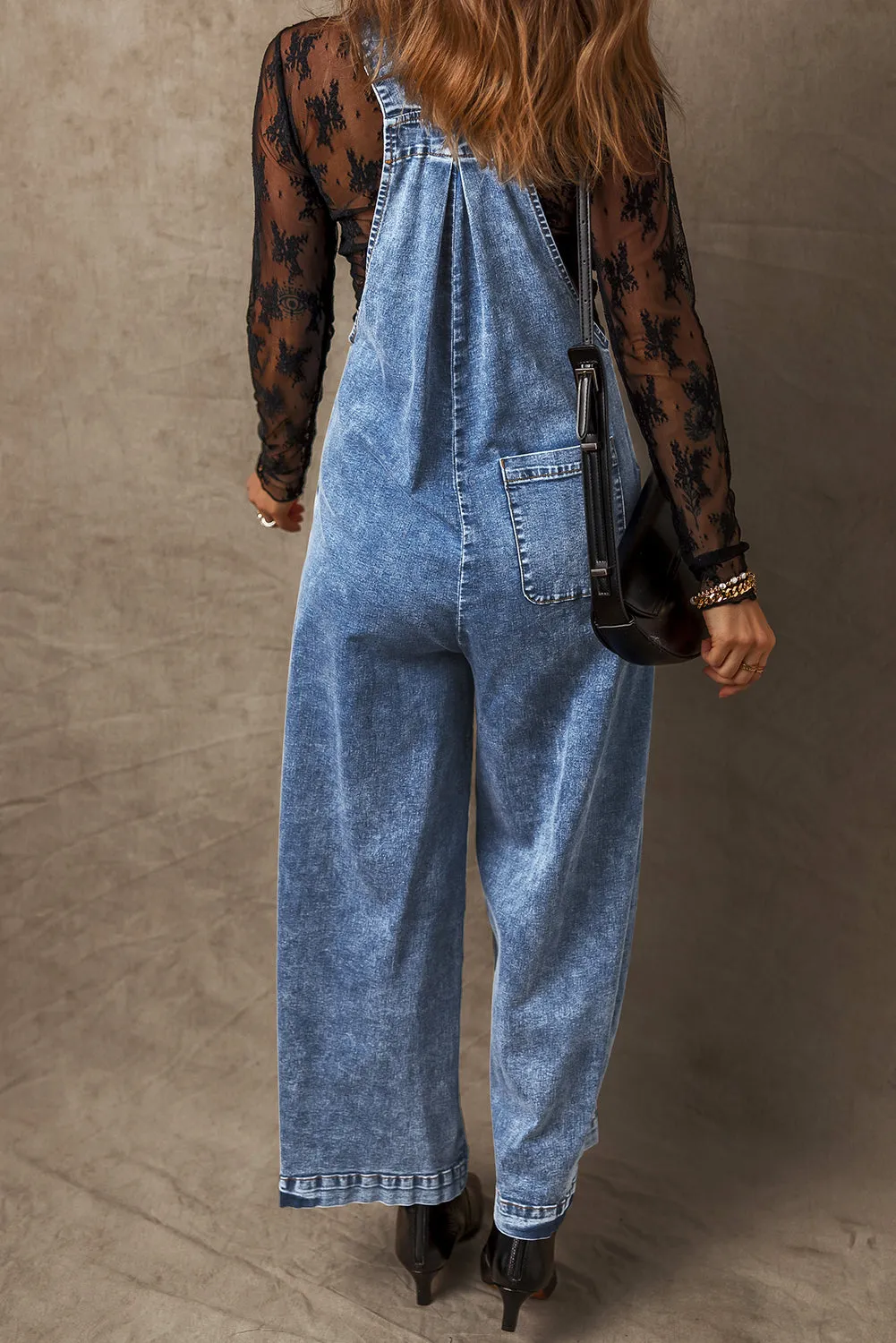 Light Blue Mineral Wash Buttoned Straps Wide Leg Denim Overalls sold by Beagle Boutique product image thumbnail 5