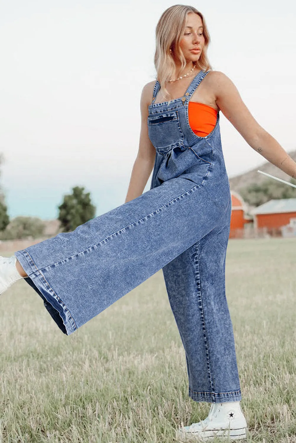 Light Blue Mineral Wash Buttoned Straps Wide Leg Denim Overalls sold by Beagle Boutique product image thumbnail 3