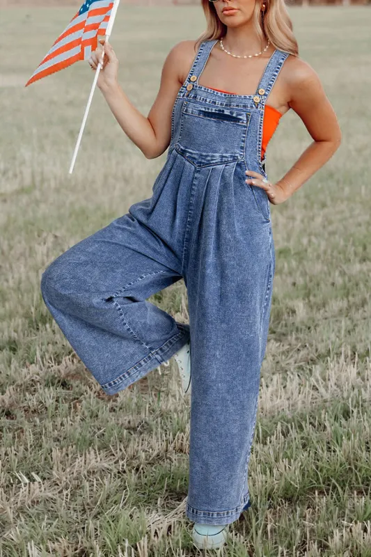 Light Blue Mineral Wash Buttoned Straps Wide Leg Denim Overalls sold by Beagle Boutique