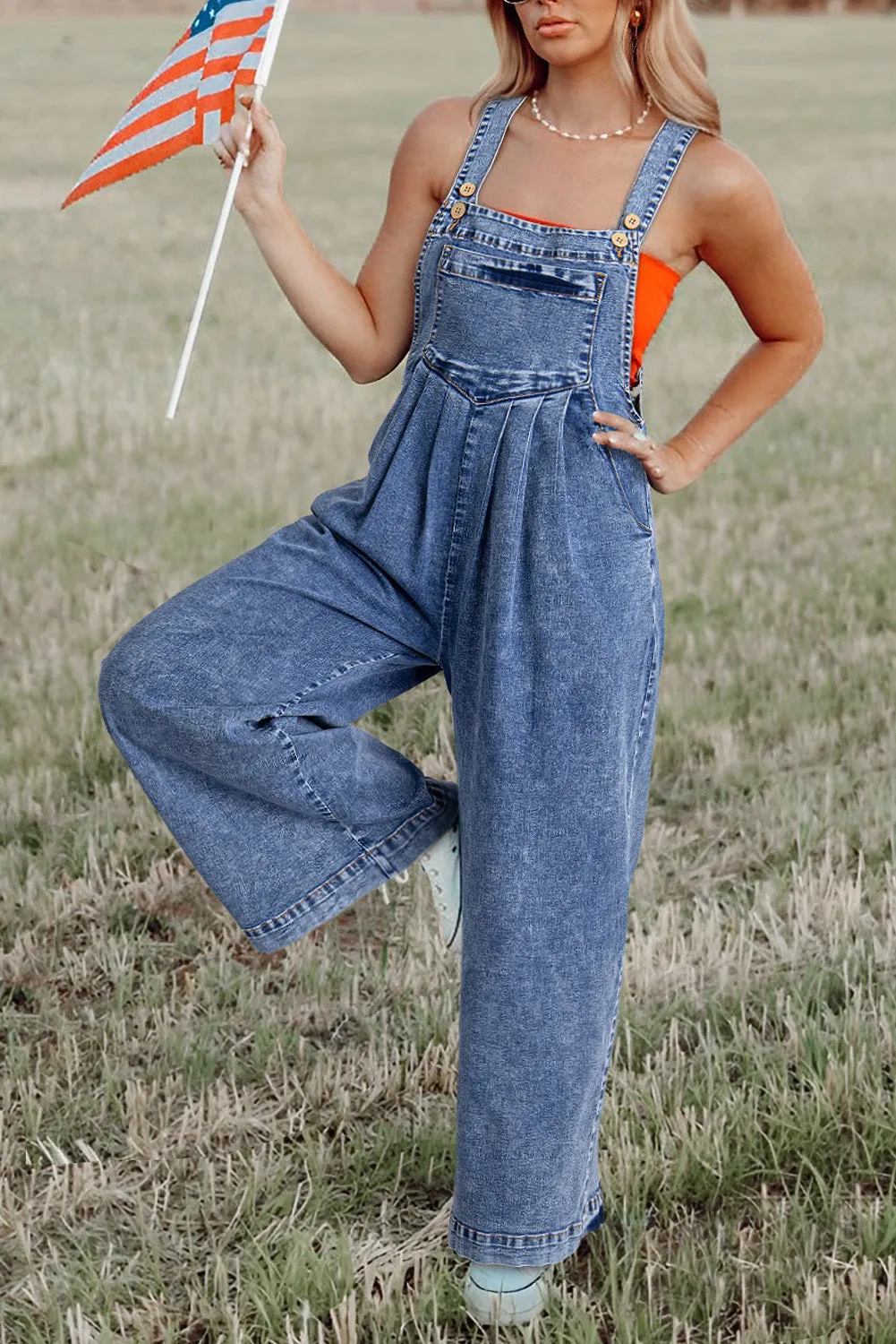 Light Blue Mineral Wash Buttoned Straps Wide Leg Denim Overalls sold by Beagle Boutique