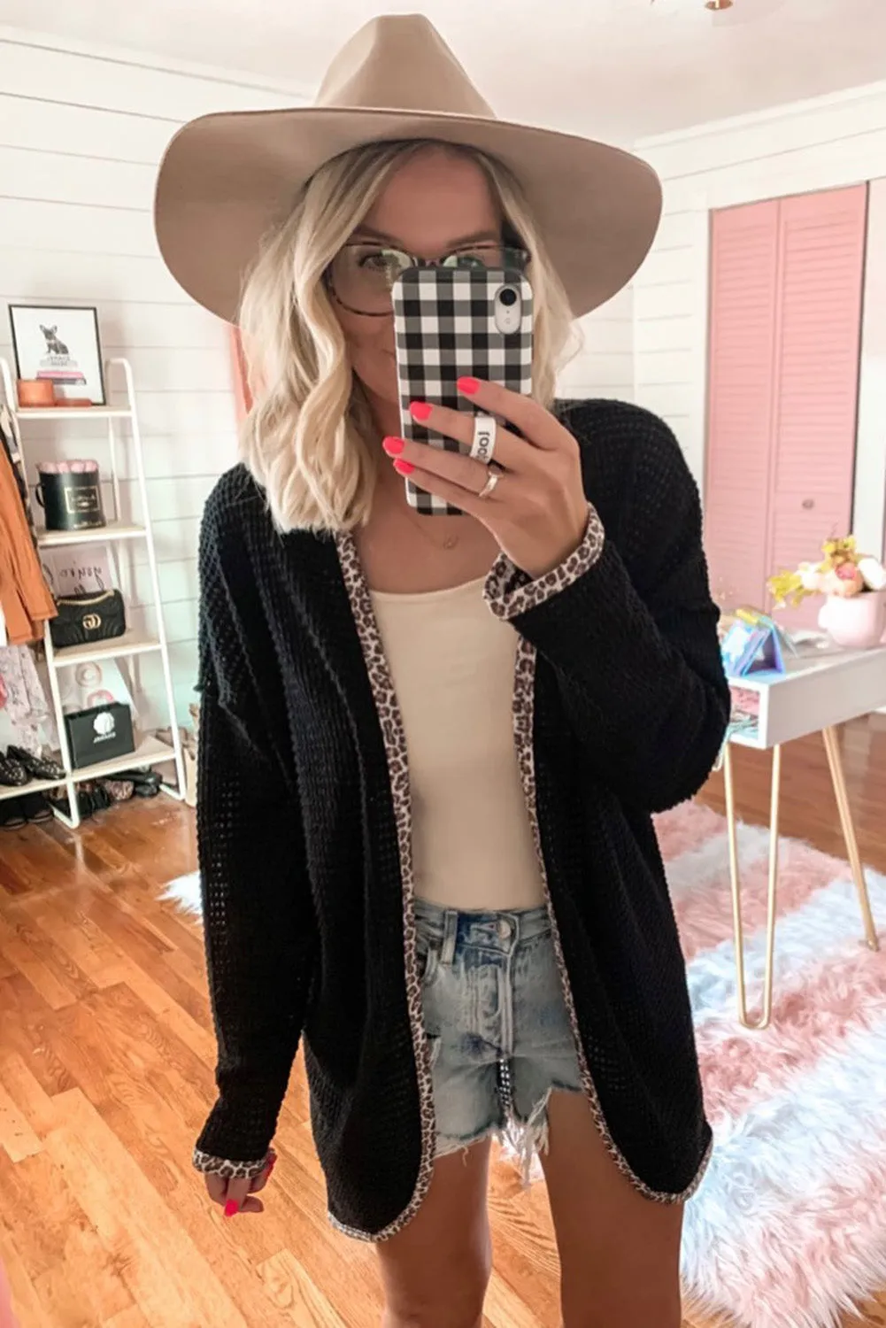 Black Leopard Contrast Waffle Knit Open Front Cardigan sold by Beagle Boutique product image thumbnail 2