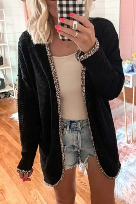 Black Leopard Contrast Waffle Knit Open Front Cardigan sold by Beagle Boutique