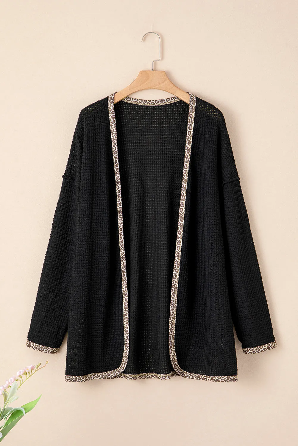 Black Leopard Contrast Waffle Knit Open Front Cardigan sold by Beagle Boutique product image thumbnail 3