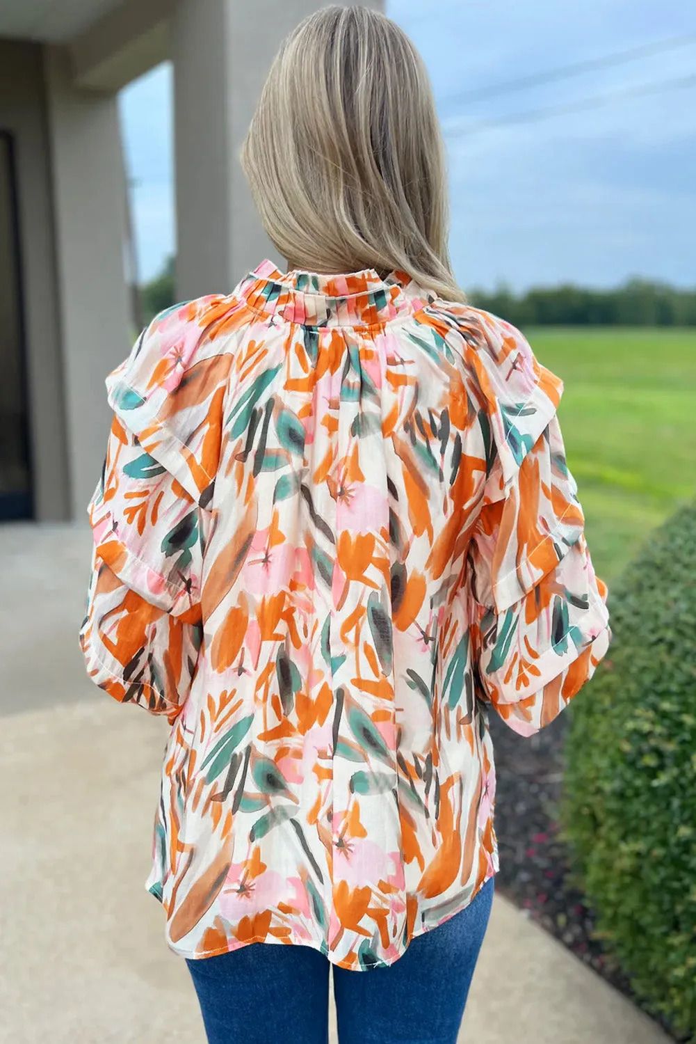 Yellow Abstract Print Drawstring Frilled V Neck 3/4 Sleeve Blouse sold by Beagle Boutique product image thumbnail 2