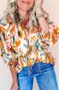 Yellow Abstract Print Drawstring Frilled V Neck 3/4 Sleeve Blouse sold by Beagle Boutique