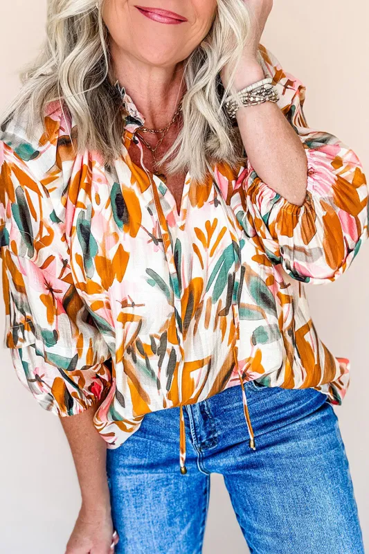 Yellow Abstract Print Drawstring Frilled V Neck 3/4 Sleeve Blouse sold by Beagle Boutique