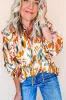 Yellow Abstract Print Drawstring Frilled V Neck 3/4 Sleeve Blouse sold by Beagle Boutique