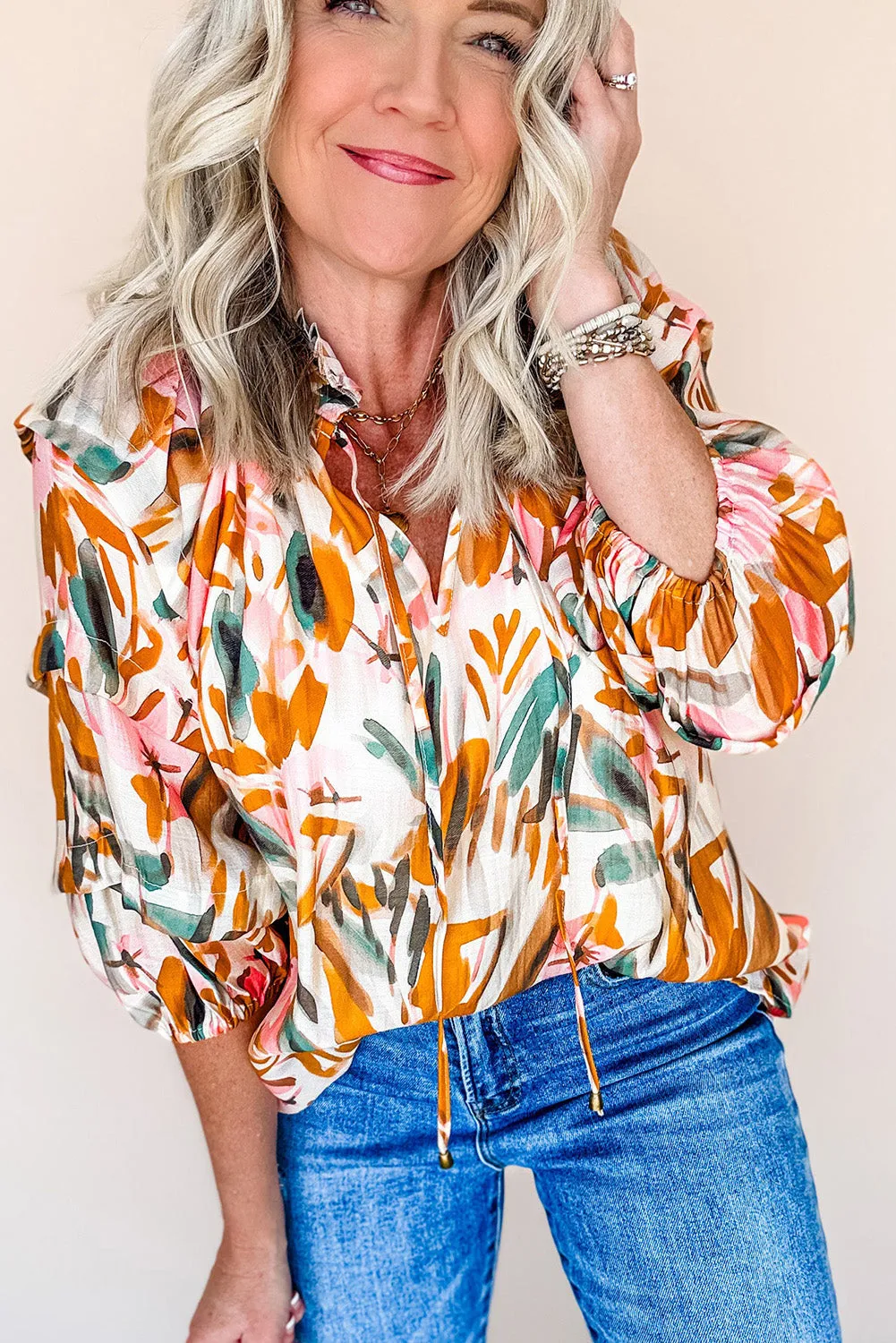 Yellow Abstract Print Drawstring Frilled V Neck 3/4 Sleeve Blouse sold by Beagle Boutique product image thumbnail 3