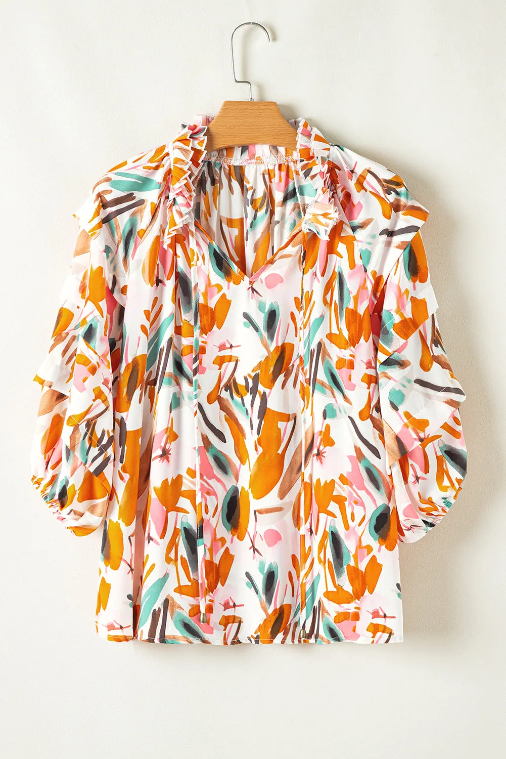 Yellow Abstract Print Drawstring Frilled V Neck 3/4 Sleeve Blouse sold by Beagle Boutique product image thumbnail 4