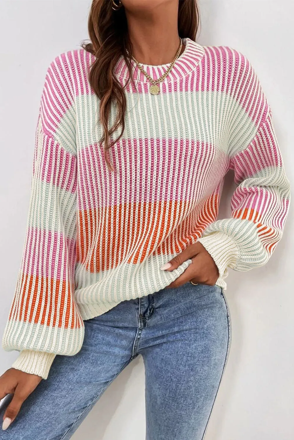 Pink Colourblock Textured Knit Bubble Sleeve Sweater sold by Beagle Boutique