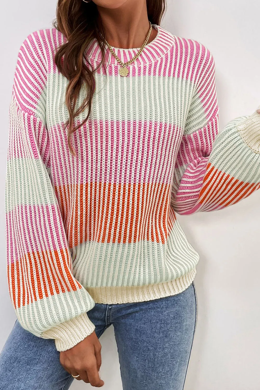 Pink Colourblock Textured Knit Bubble Sleeve Sweater sold by Beagle Boutique product image thumbnail 3
