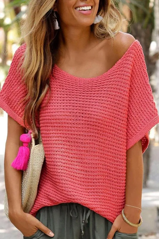 Red Clay Solid Loose Knit Short Dolman Sleeve Sweater sold by Beagle Boutique
