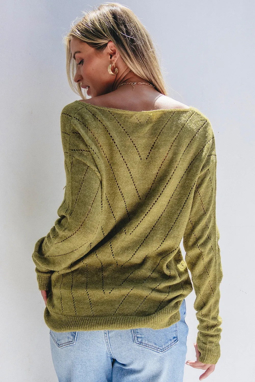 Sage Green Solid Eyelet Drop Shoulder V Neck Sweater sold by Beagle Boutique product image thumbnail 2