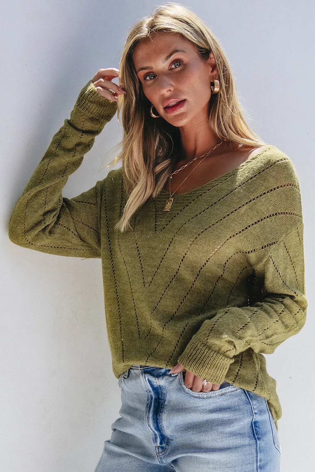 Sage Green Solid Eyelet Drop Shoulder V Neck Sweater sold by Beagle Boutique product image thumbnail 3