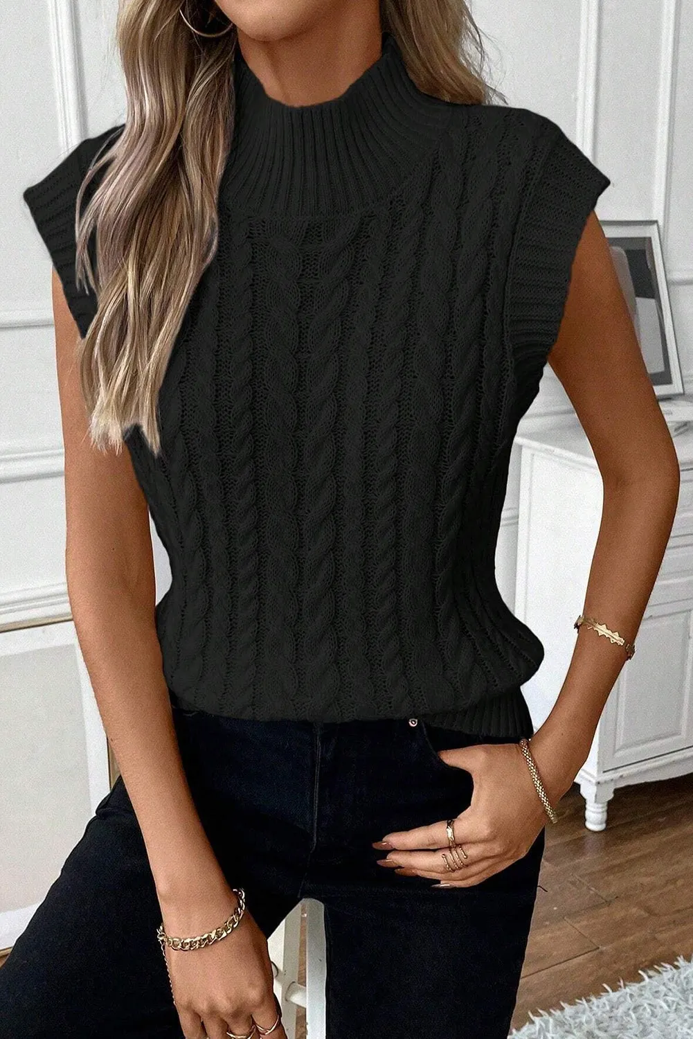 Black Cable Knit High Neck Sweater Tank Top sold by Beagle Boutique product image thumbnail 3