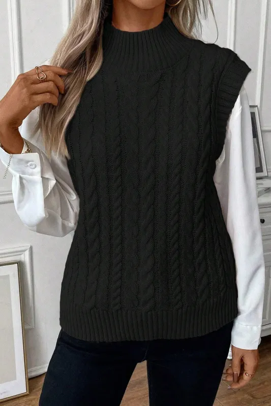 Black Cable Knit High Neck Sweater Tank Top sold by Beagle Boutique