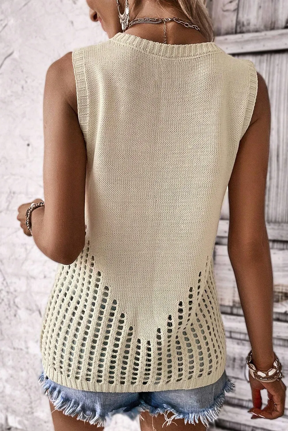 Beige Pointelle Detail Solid Color Knit Sweater Vest sold by Beagle Boutique product image thumbnail 2