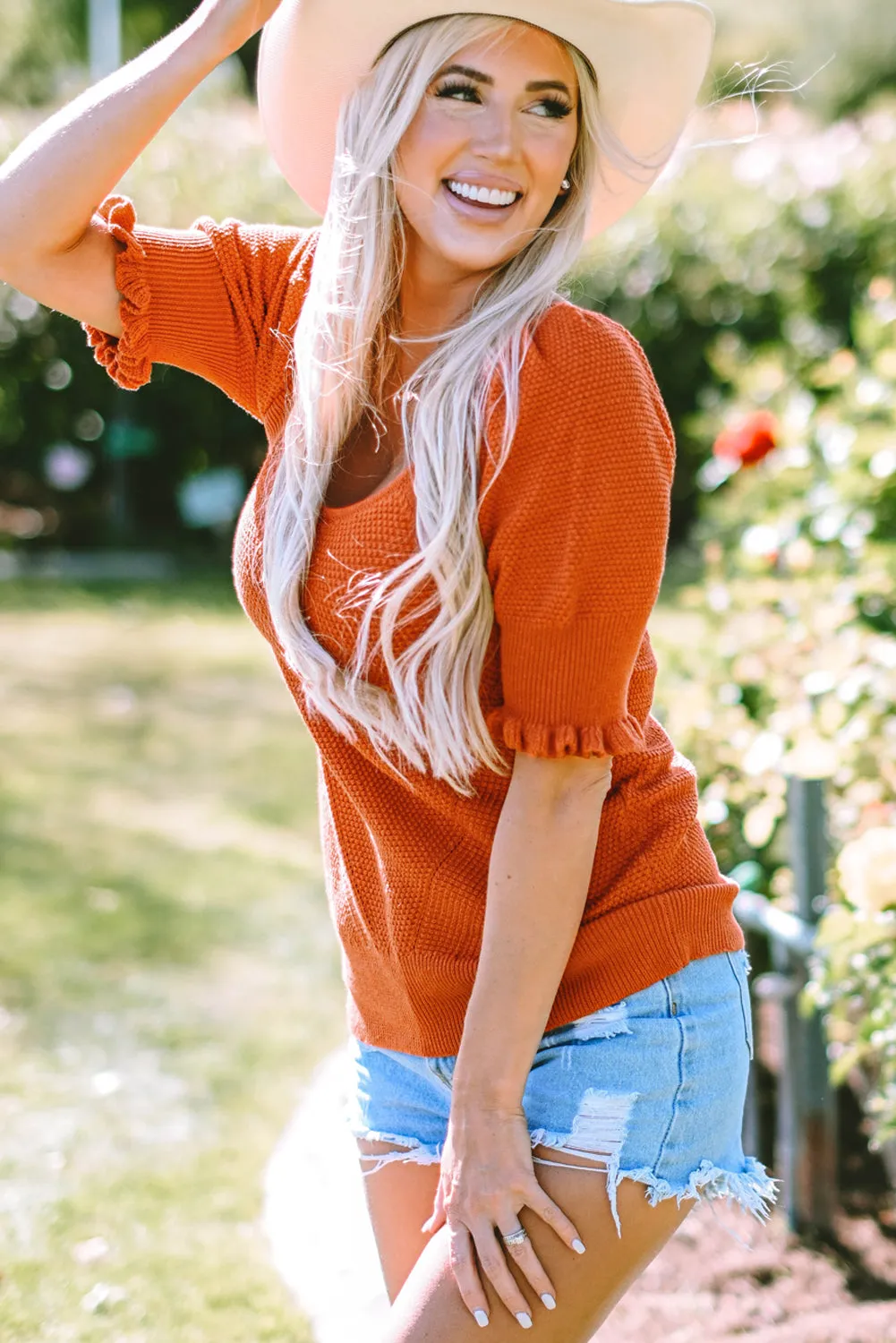 Gold Flame Textured Knit Bubble Sleeve Square Neck Top sold by Beagle Boutique product image thumbnail 3