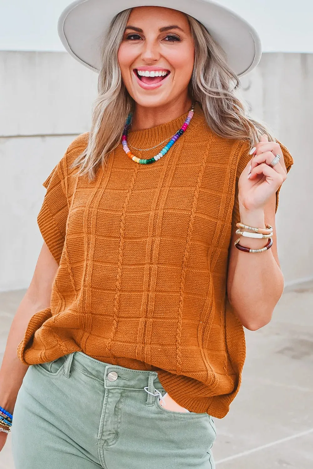 Chestnut Grid Textured Short Sleeve Sweater sold by Beagle Boutique product image thumbnail 3