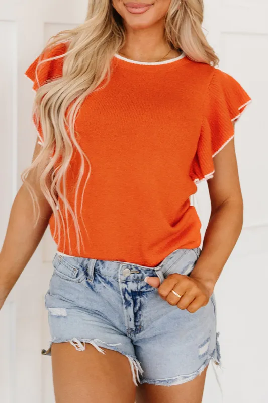 Russet Orange Contrast Trim Ruffle Sleeve Knitted Top sold by Beagle Boutique
