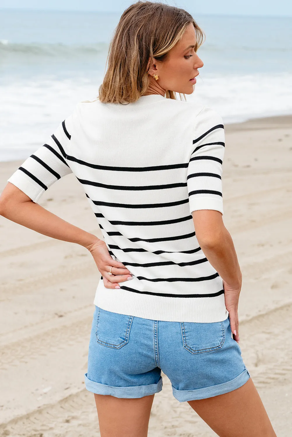 White Stripe Striped Half Sleeve Knitted Tee sold by Beagle Boutique product image thumbnail 2
