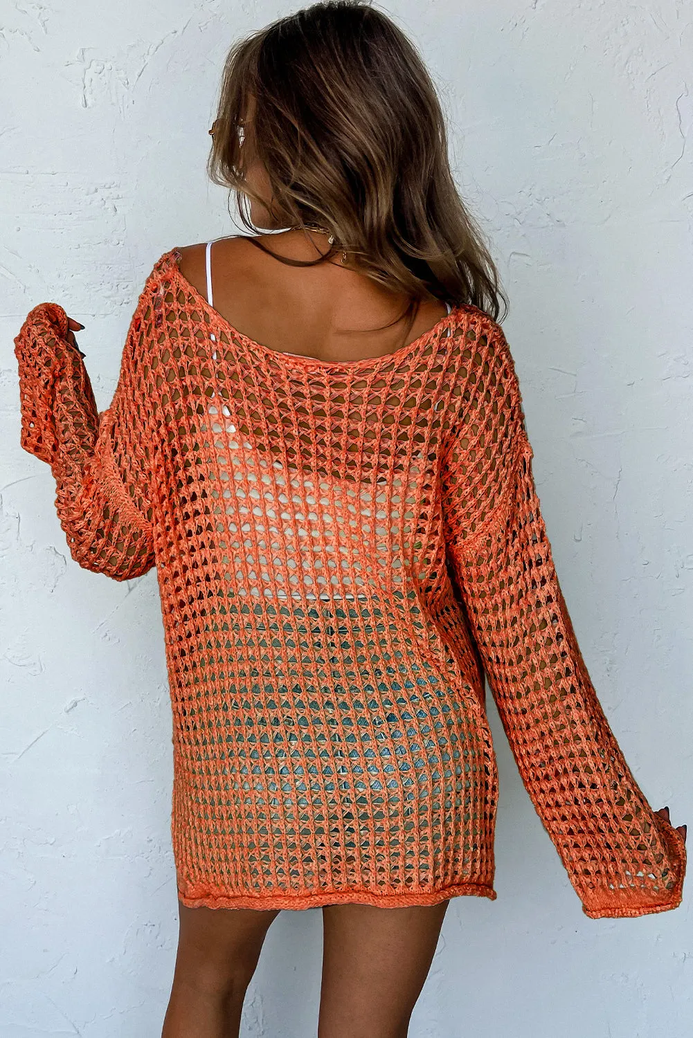 Orange Open Knit Crochet Bell Sleeve Tunic Sweater sold by Beagle Boutique product image thumbnail 2