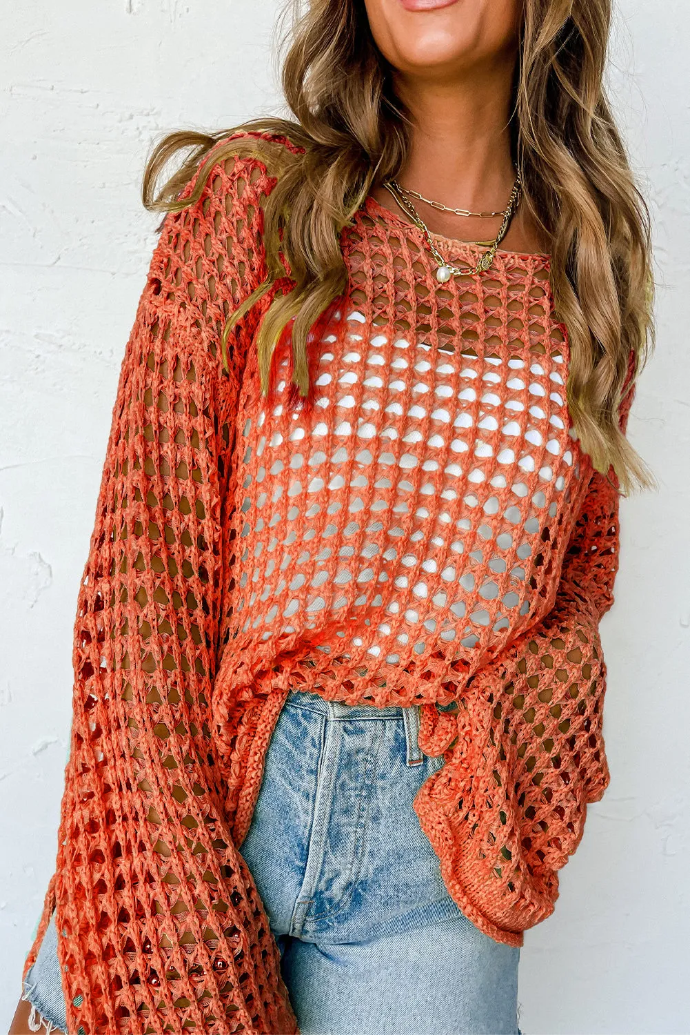 Orange Open Knit Crochet Bell Sleeve Tunic Sweater sold by Beagle Boutique