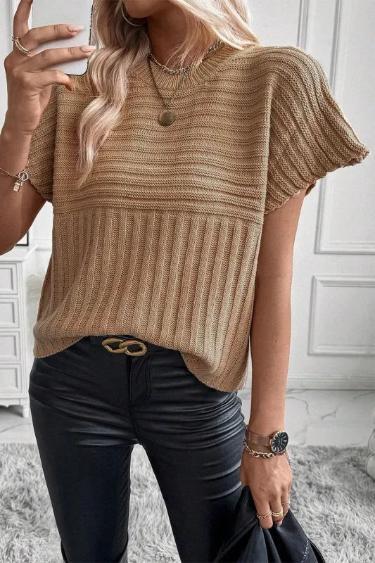 Light French Beige Rib Knitted Wide Sleeve Sweater T Shirt sold by Beagle Boutique