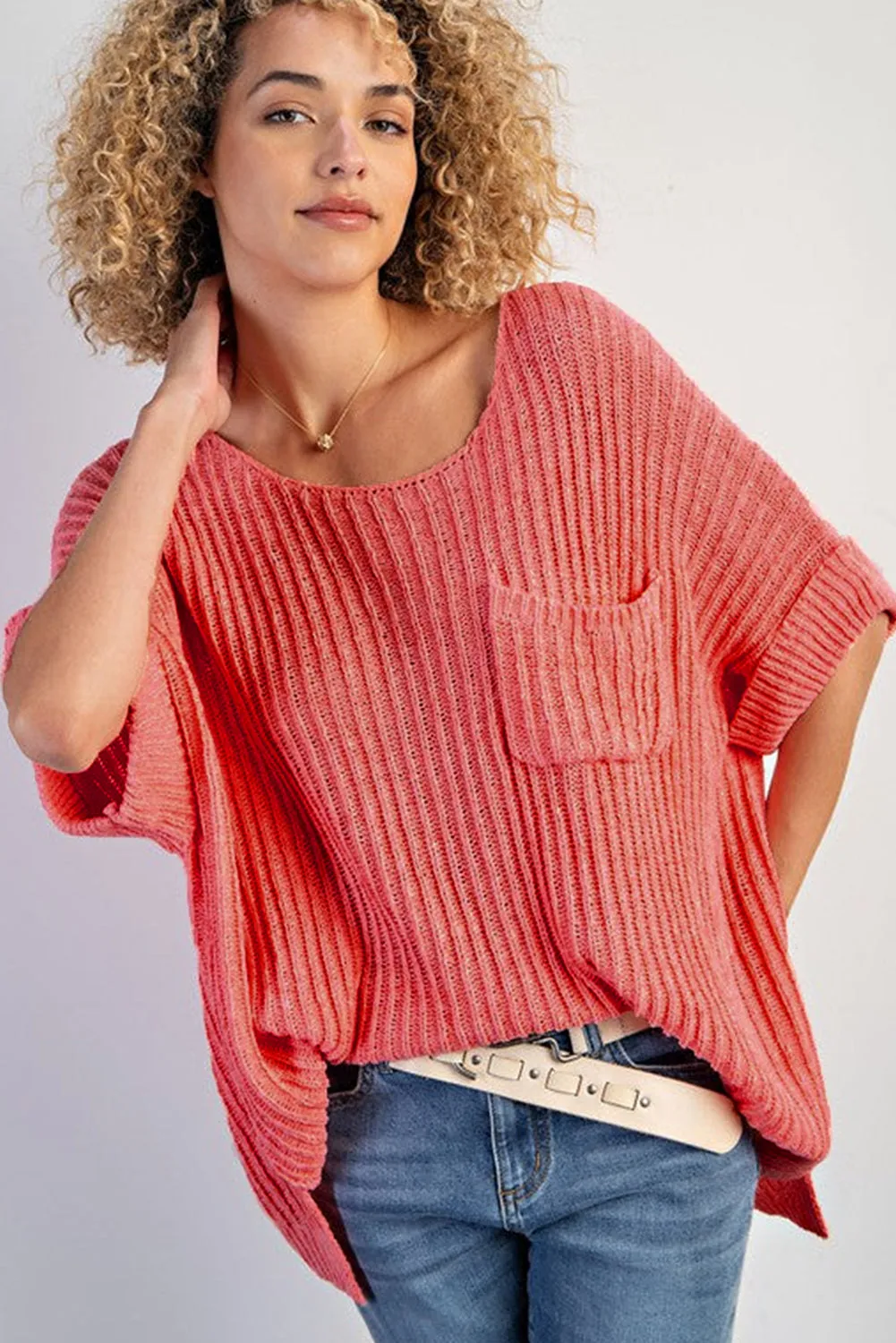 White Rolled Cuffs Loose Knit Tee with Slits sold by Beagle Boutique product image thumbnail 3