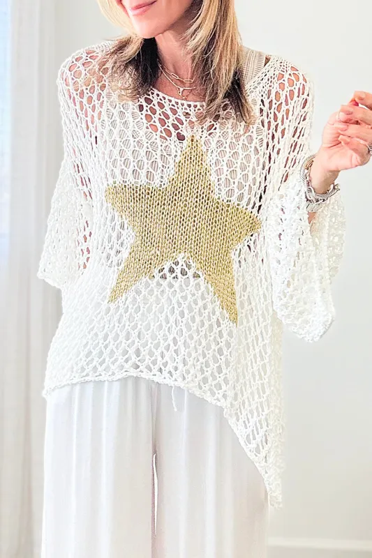 White Star Graphic Crochet Knitted Summer Sweater Top sold by Beagle Boutique