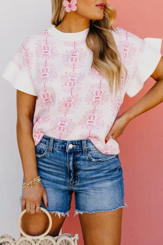 White Floral Printed Ruffled Short Sleeve Sweater sold by Beagle Boutique