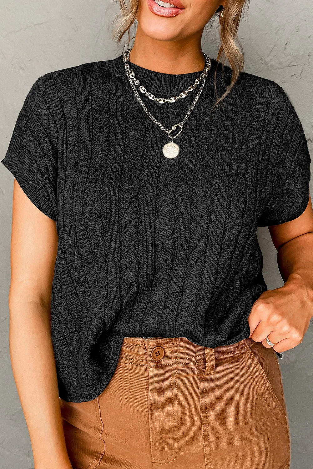 Chestnut Crew Neck Cable Knit Short Sleeve Sweater sold by Beagle Boutique product image thumbnail 4