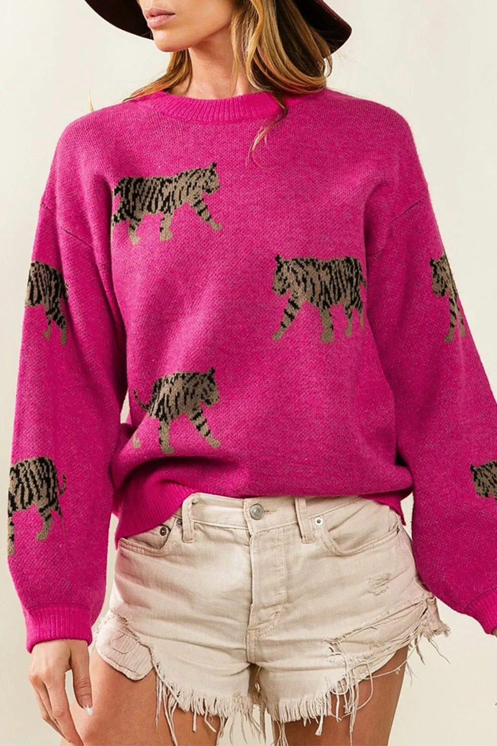 Rose Red Fierce Animal Pattern Casual Knitted Sweater sold by Beagle Boutique
