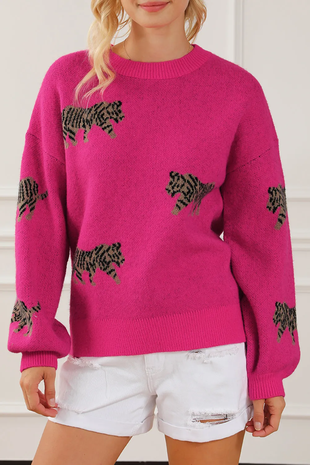 Rose Red Fierce Animal Pattern Casual Knitted Sweater sold by Beagle Boutique product image thumbnail 3
