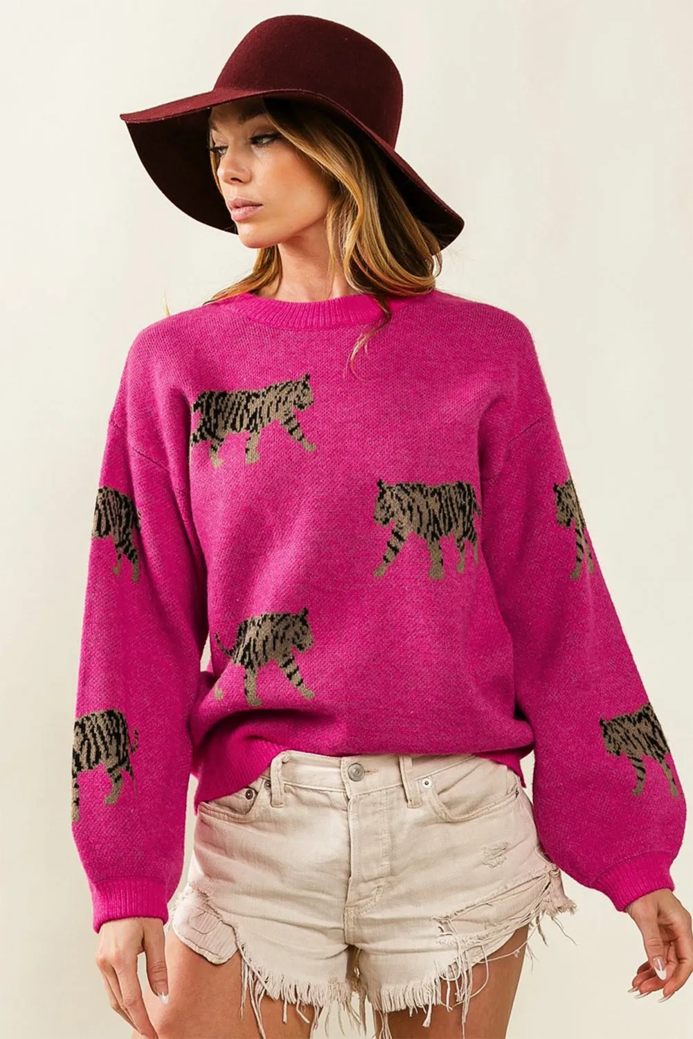 Rose Red Fierce Animal Pattern Casual Knitted Sweater sold by Beagle Boutique product image thumbnail 2